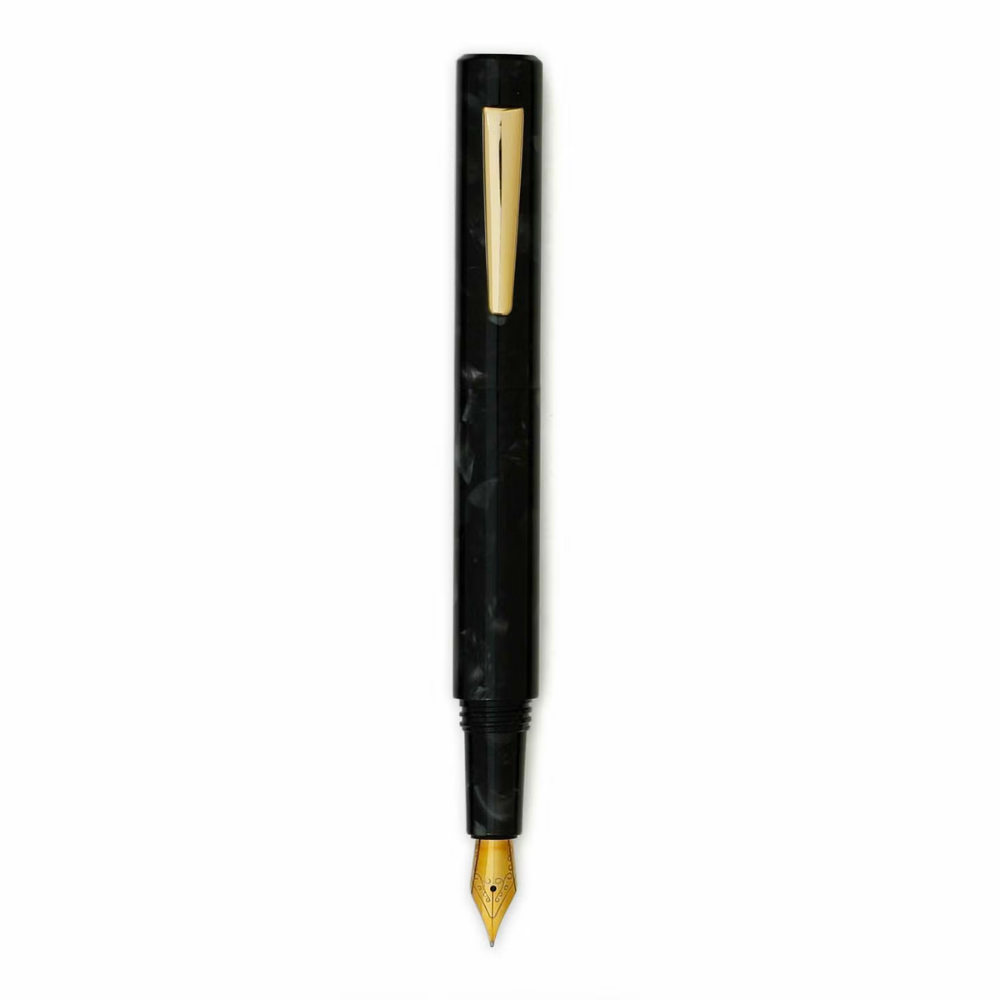 Hightide Attaché Marbled Fountain Pen - Black — uncapped with cap posted