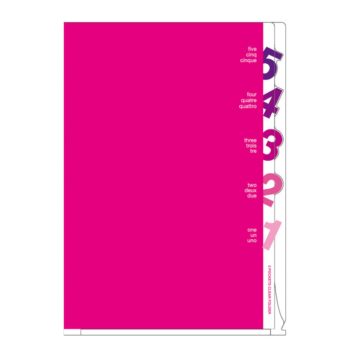 Midori 5 Pockets Clear Folder A4 Number Pink — front view