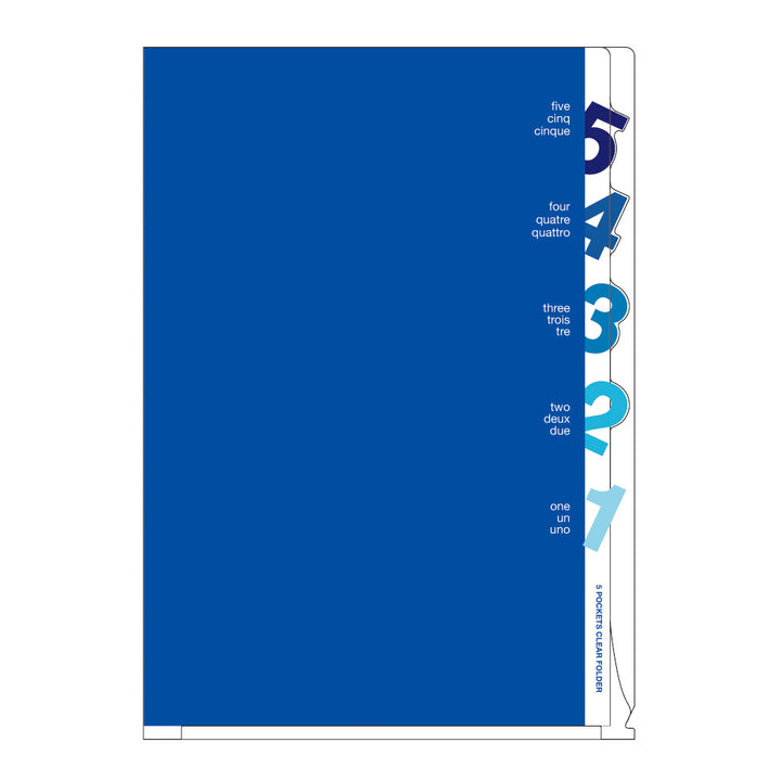 Midori 5 Pockets Clear Folder A4 Number Blue — front view