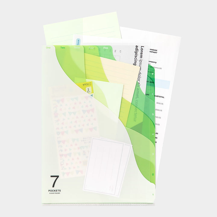 Midori 7 Pockets Clear Folder A4 - Gradation Green — angle view