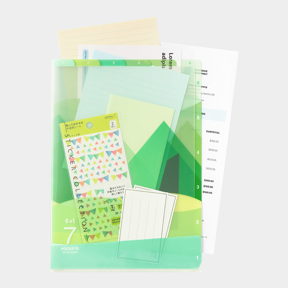 Midori 7 Pockets Clear Folder A4 - Landscape Green — with packaging