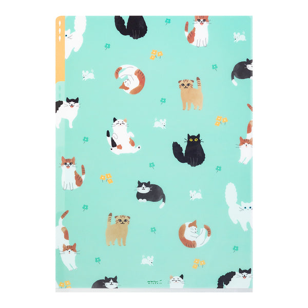 Midori A4 3 Pockets Clear Folder - Cats A — front view