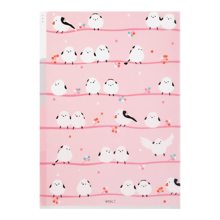 Midori A4 3 Pockets Clear Folder - Long-tailed Tits — with packaging