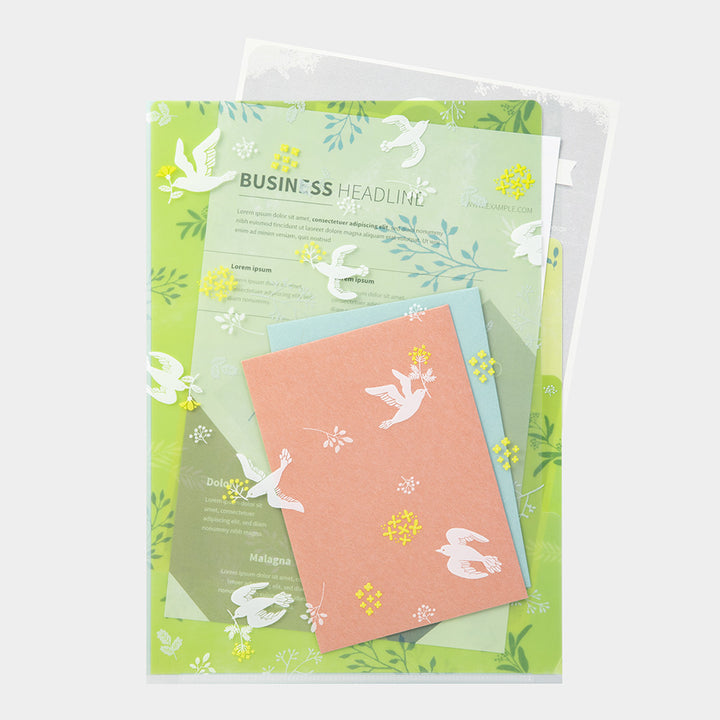 Midori A4 3 Pockets Clear Folder - White Birds — side view