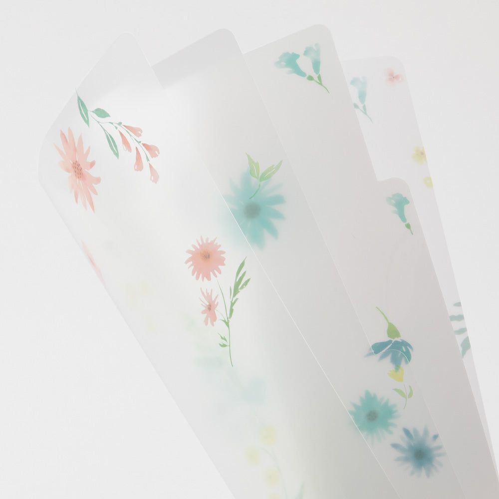 Midori A4 3 Pockets Clear Folder - Flowers B — with packaging