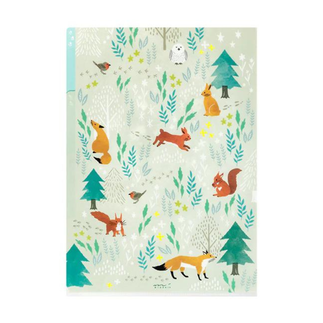 Midori A4 3 Pockets Clear Folder - Nordic Animals — front view