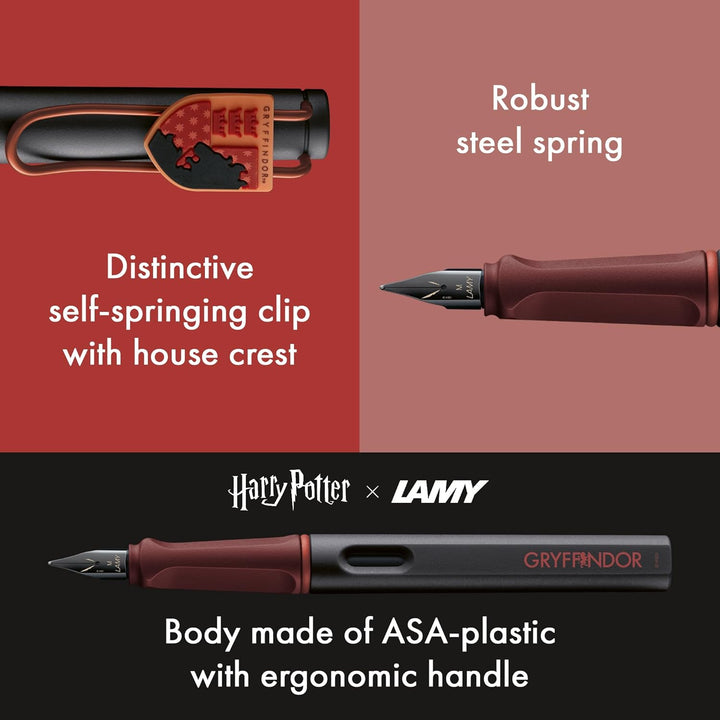 LAMY Safari Gryffindor Fountain Pen – Extra Fine with maroon body, gold clip, and Gryffindor emblem from the Harry Potter collection.