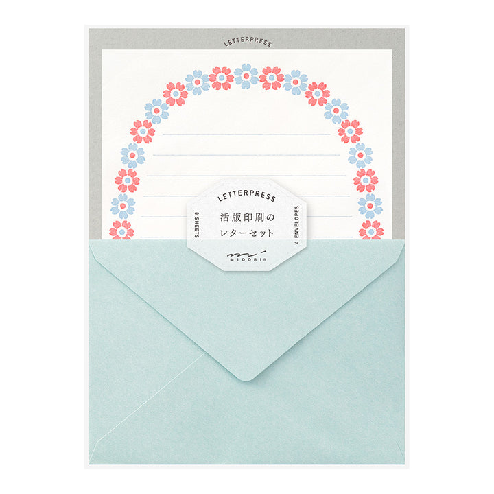 Midori Letter Set 478 Letterpress Flower Frame Light Blue