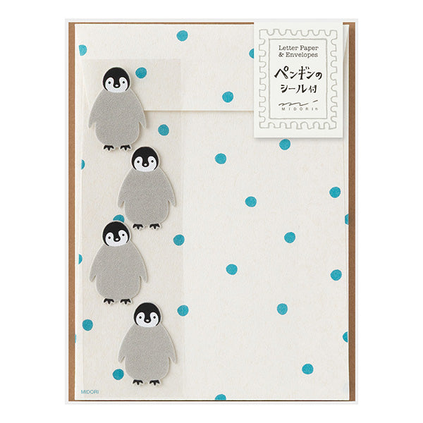 Midori Letter Paper &amp; Envelopes with Stickers 946 Penguin A — front view