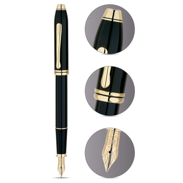 Cross Townsend Fountain Pen in Black Lacquer with 23K Gold Trims — Cross fountain pen — precision nib writing instrument, at Cityluxe Singapore stationery store