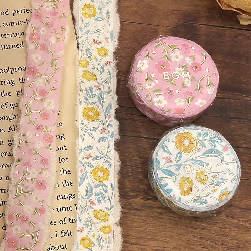 BGM Foil Stamping Masking Tape: Flower Pattern - Sasanqua Flower — roll side