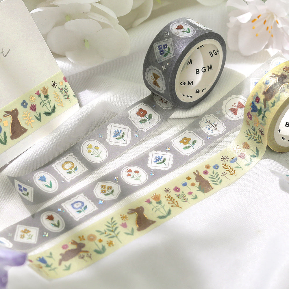 BGM Foil Stamping Masking Tape: Nordic Forest - Flowers and Rabbits — with packaging