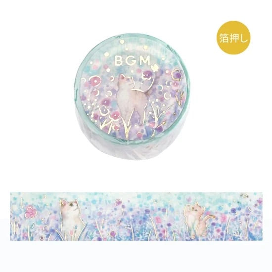 BGM Foil Stamping Masking Tape: Flowers and Cats - Little Friends — roll front