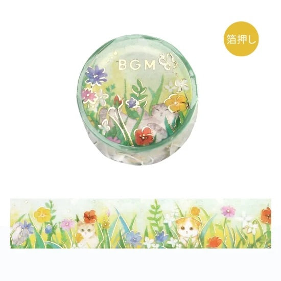 BGM Foil Stamping Masking Tape: Flowers and Cats - Afternoon Kitty — roll front
