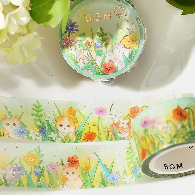 BGM Foil Stamping Masking Tape: Flowers and Cats - Afternoon Kitty — with packaging