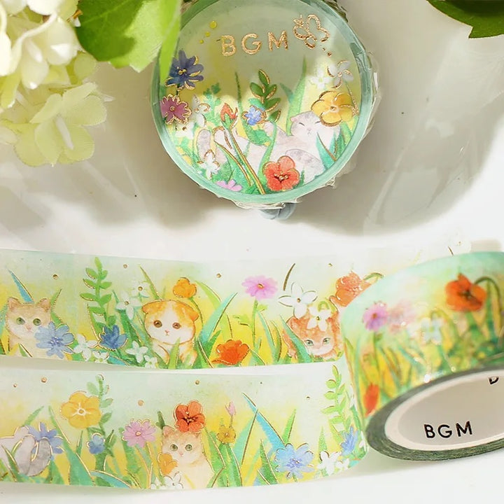 BGM Foil Stamping Masking Tape: Flowers and Cats - Afternoon Kitty — with packaging