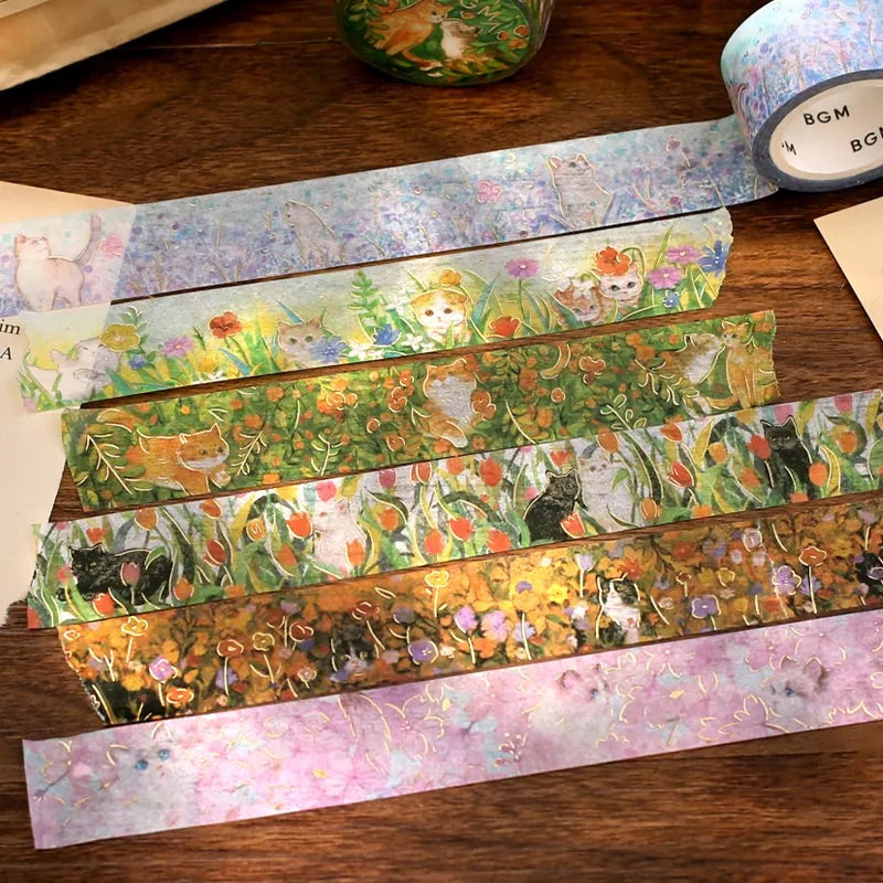 BGM Foil Stamping Masking Tape: Flowers and Cats - Find Me — roll side