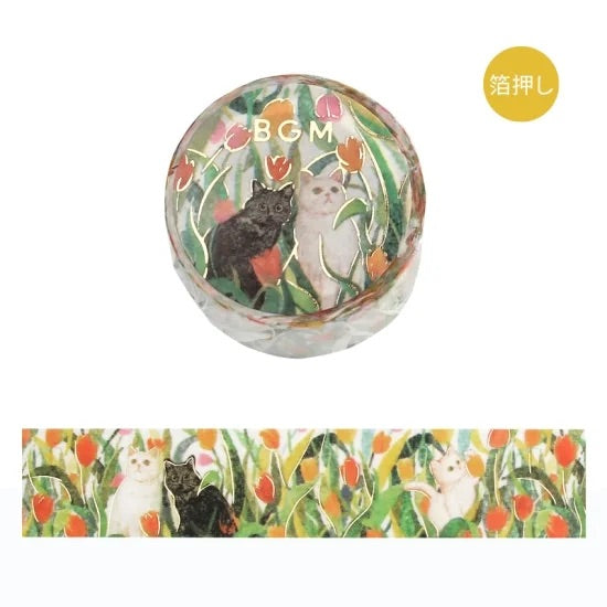 BGM Foil Stamping Masking Tape: Flowers and Cats - Let's Play Together — roll front