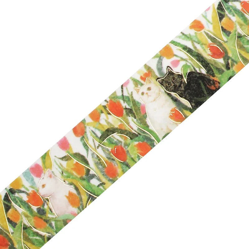 BGM Foil Stamping Masking Tape: Flowers and Cats - Let's Play Together — pattern detail