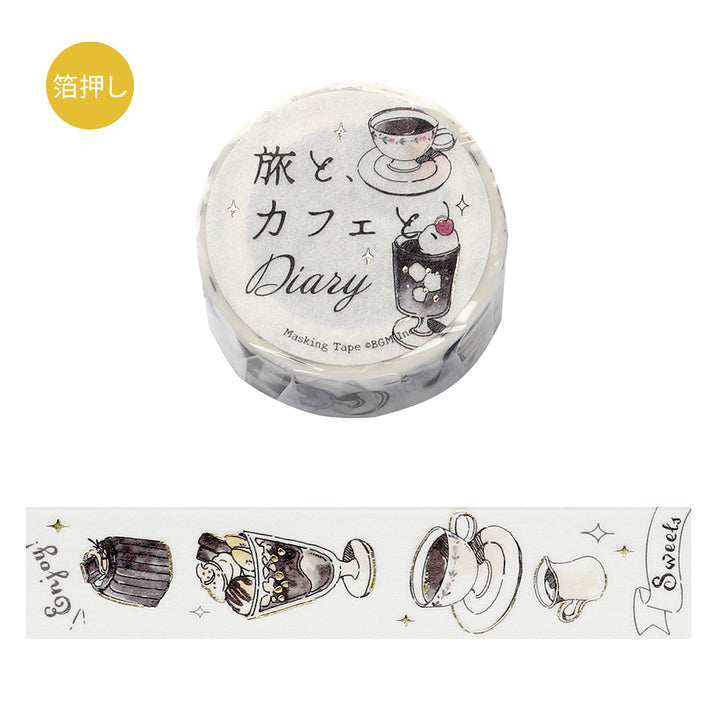 BGM Foil Stamping Masking Tape: Travel, Cafe, and Diary - Noir — roll front