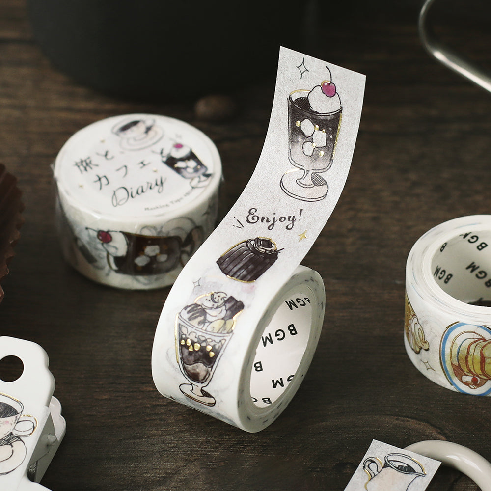 BGM Foil Stamping Masking Tape: Travel, Cafe, and Diary - Noir — with packaging