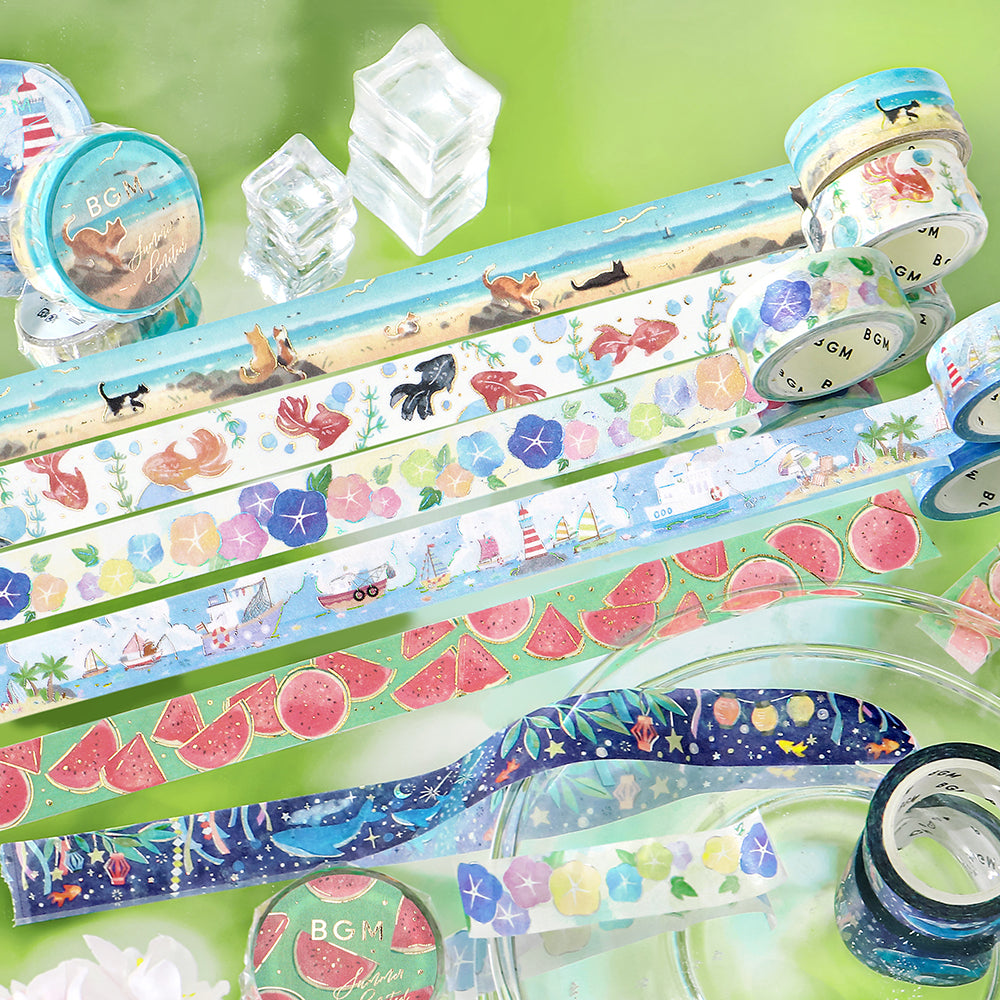 BGM Summer Limited Masking Tape - Coastal Strolling Cats — roll side