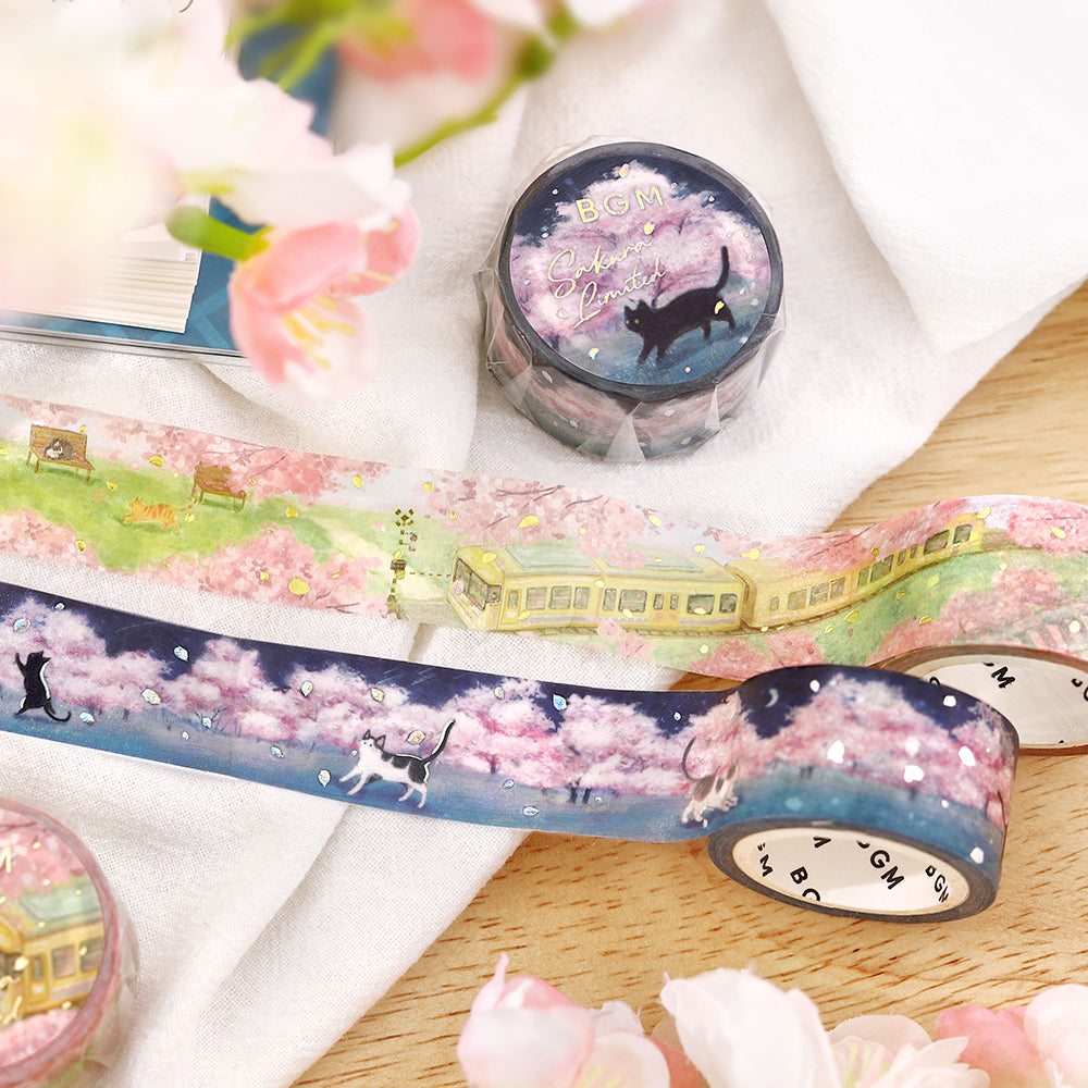 BGM Sakura Limited Masking Tape: Cherry Blossom-Lined Train Street — applied on surface