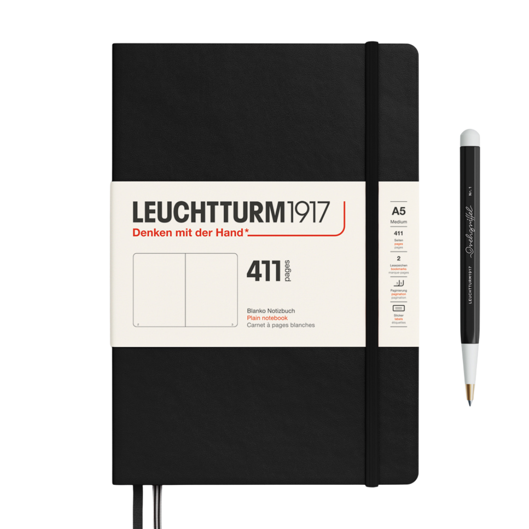 Leuchtturm1917 A5 Medium Hardcover Notebook (Thick, 411 Pages) - Plain / Black — front cover