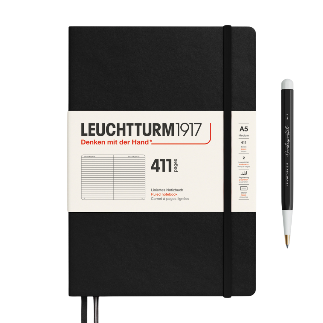 Leuchtturm1917 A5 Medium Hardcover Notebook (Thick, 411 Pages) in Ruled / Black — Leuchtturm1917 notebook — quality writing journal with premium paper, at Cityluxe Singapore stationery store