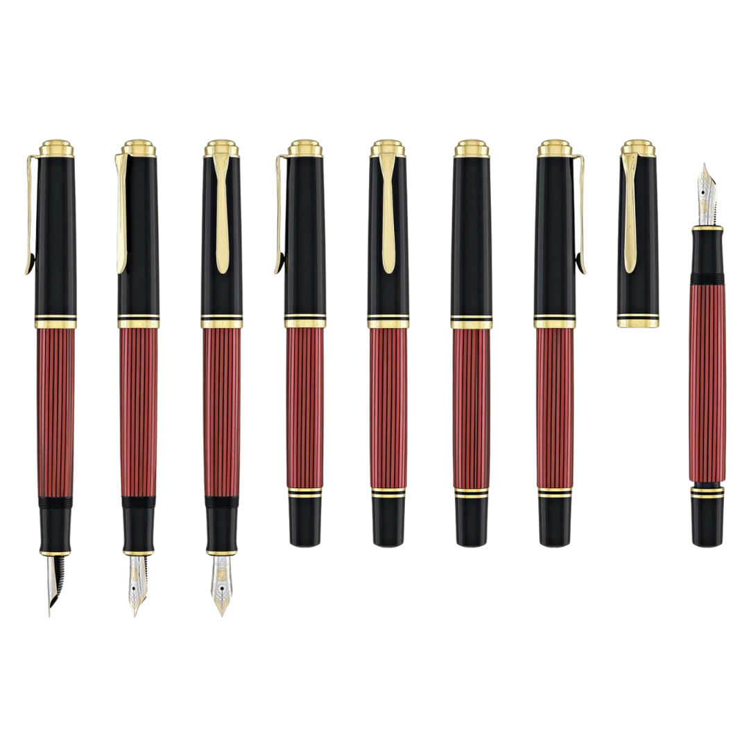 Pelikan Souveran M600 Fountain Pen - Black &amp; Red with Gold Trim (14K Gold) [Pre-Order] — flat lay