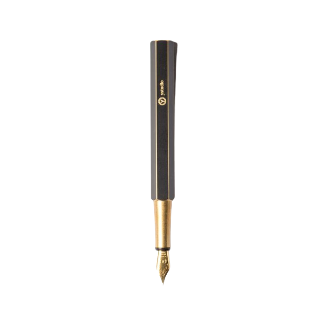 Ystudio Classic Revolve Portable Fountain Pen - Brassing — uncapped with cap posted