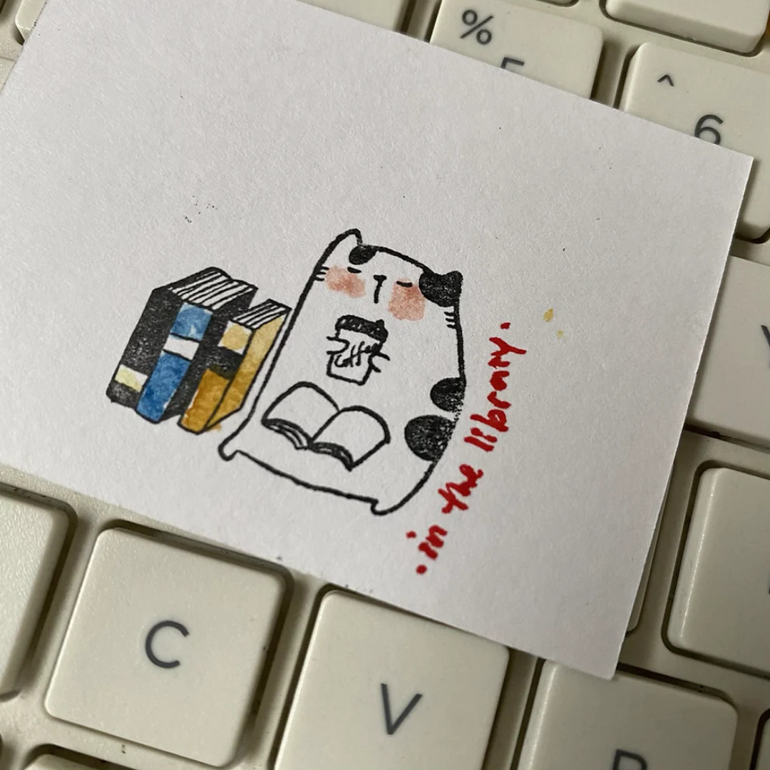 Catdoo Rubber Stamp - Neko &amp; Book in the Library — detail view