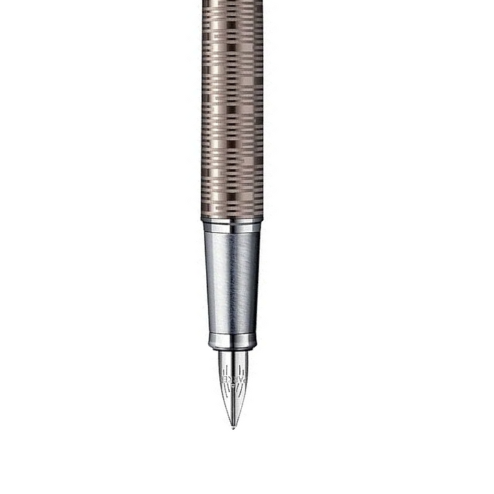 Parker IM Premium Fountain Pen - Brown Shadow with Chrome Trims — writing at an angle