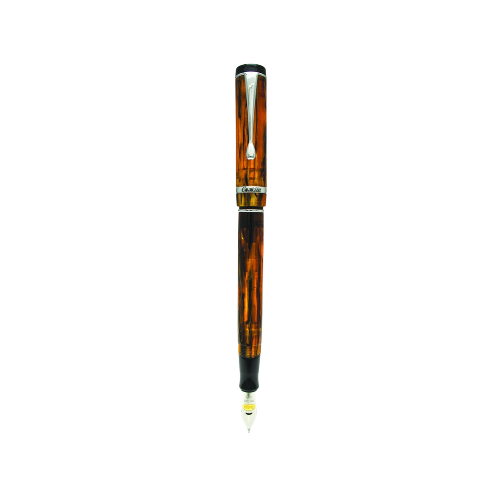 Conklin Duragraph Fountain Pen - Amber with Chrome Trim — uncapped with cap posted
