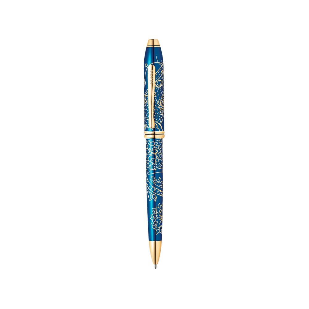 Cross Townsend Year of the Rat Ballpoint Pen - Translucent Blue Lacquer with Gold Plated Inlays and Appointments — uncappe…