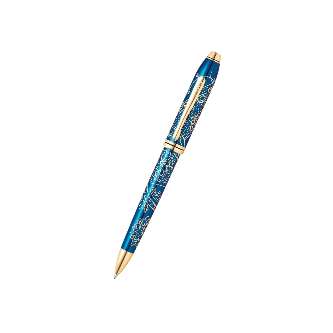 Cross Townsend Year of the Rat Ballpoint Pen - Translucent Blue Lacquer with Gold Plated Inlays and Appointments — capped