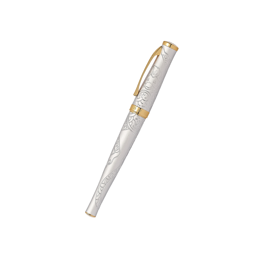 Cross Year of the Monkey Fountain Pen - Brushed Platinum — uncapped with cap posted