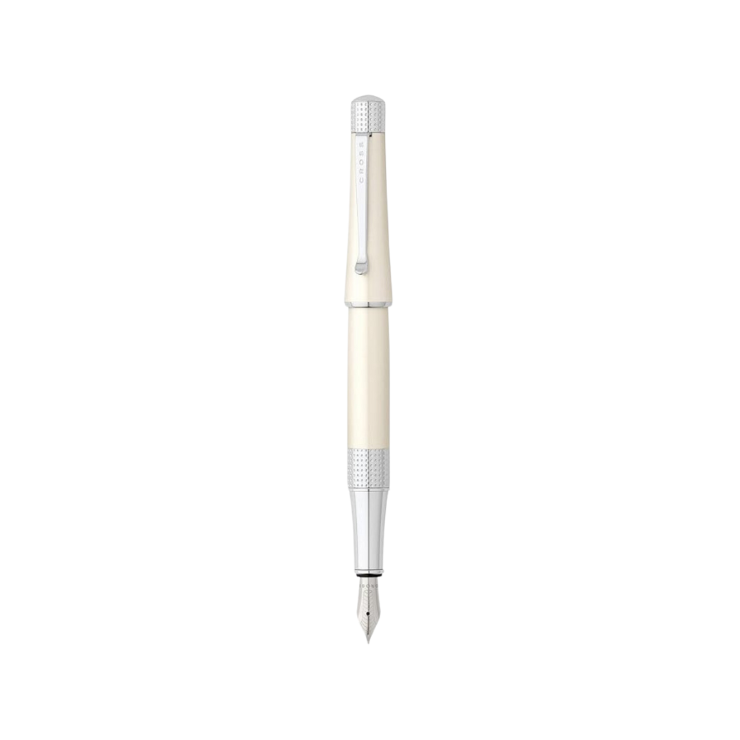 Cross Beverly Fountain Pen - White Lacquer — uncapped with cap posted