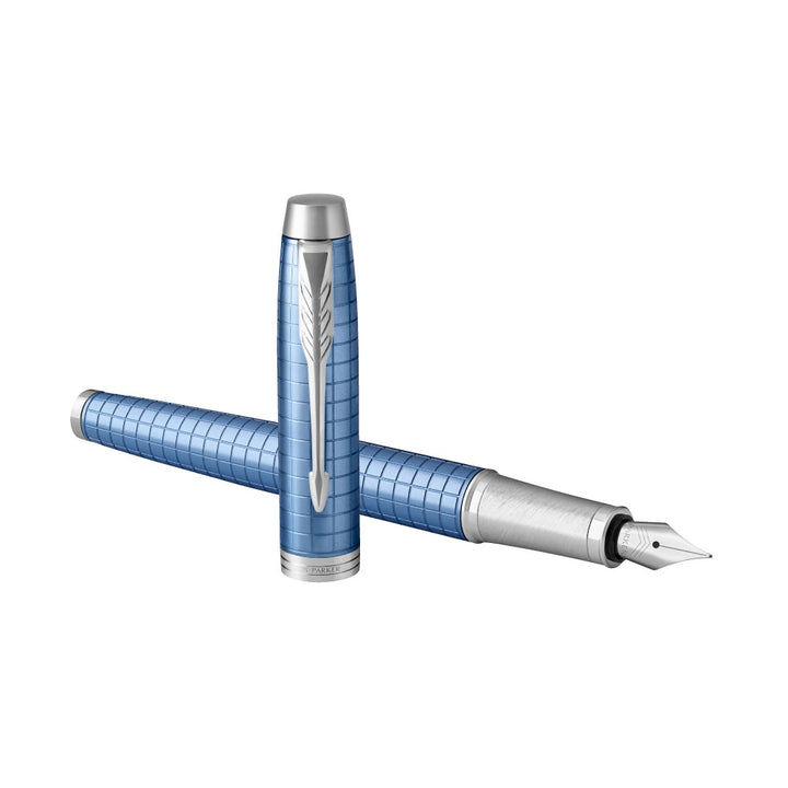 Parker IM Premium Fountain Pen - Blue with Chrome Trims — writing at an angle