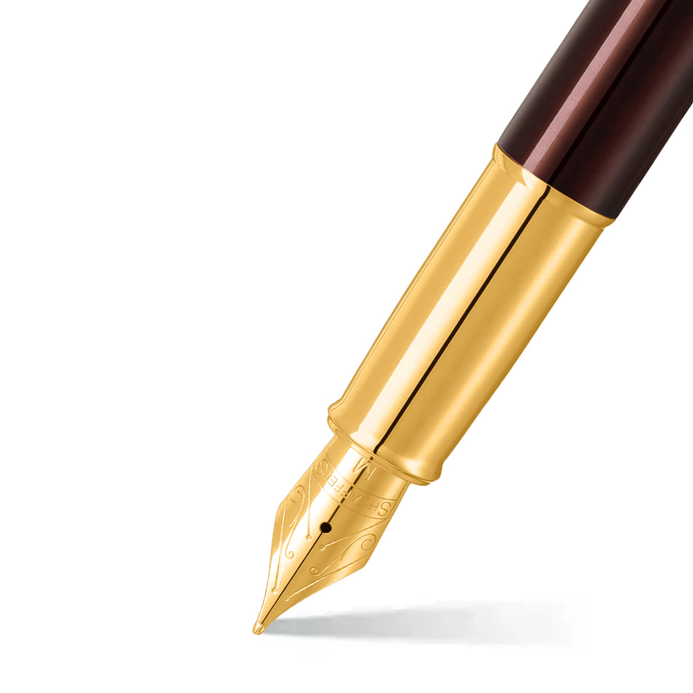 Sheaffer 100 E9370 Glossy Coffee Brown With PVD Gold-Tone Trim Fountain Pen (WW30) — Sheaffer fountain pen — precision nib writing instrument, at Cityluxe Singapore stationery store