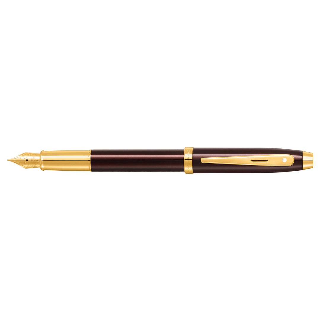 Sheaffer 100 E9370 Glossy Coffee Brown With PVD Gold-Tone Trim Fountain Pen (WW30) — Sheaffer fountain pen — precision nib writing instrument, at Cityluxe Singapore stationery store