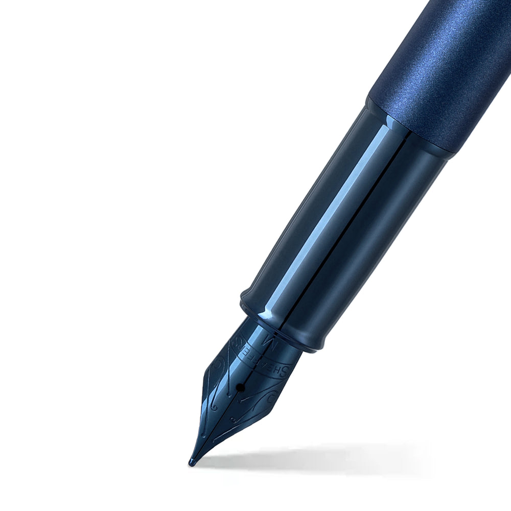 Sheaffer 100 E9371 Satin Blue With PVD Blue Trims Fountain Pen (WW30) — Sheaffer fountain pen — precision nib writing instrument, at Cityluxe Singapore stationery store