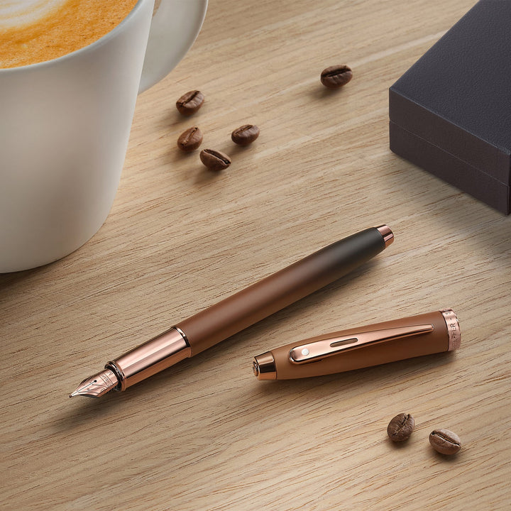 Sheaffer 100 E9374 Coffee Edition With PVD Trims Fountain Pen (WW30 Coffee) — Sheaffer fountain pen — precision nib writing instrument, at Cityluxe Singapore stationery store
