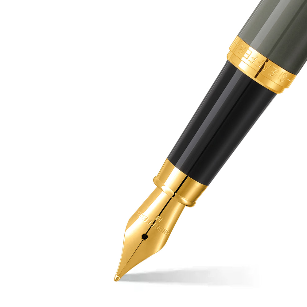 Sheaffer VFM E9427 Glossy Light Gray Fountain Pen With PVD Gold-Tone Trim in Medium Nib (WW31) — Sheaffer fountain pen — precision nib writing instrument, at Cityluxe Singapore stationery store