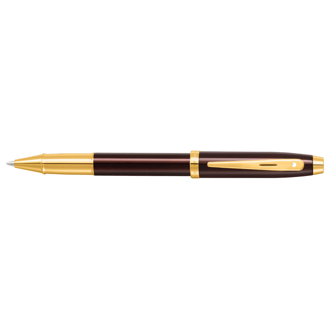 Sheaffer 100 E9370 Glossy Coffee Brown With PVD Gold-Tone Trim Rollerball Pen (WW30) — Sheaffer rollerball pen — fluid gel ink writing instrument, at Cityluxe Singapore