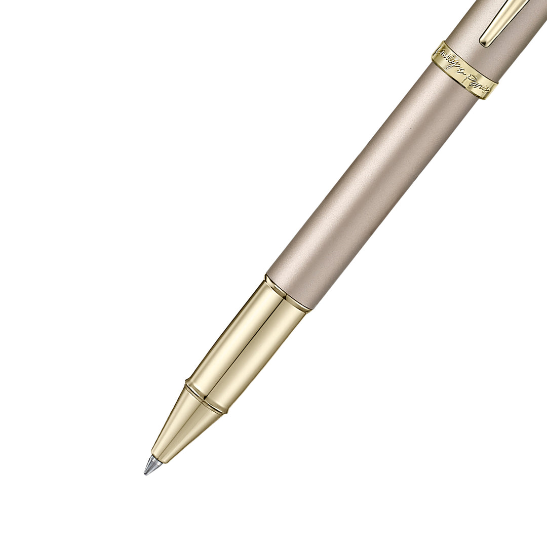 Sheaffer 100 Emily in Paris 9377 Champagne Gold Rollerball Pen with Champagne Gold Trims and Bow-Shaped Clip Emblem — Sheaffer rollerball pen — fluid gel ink writing instrument, at Cityluxe Singapore