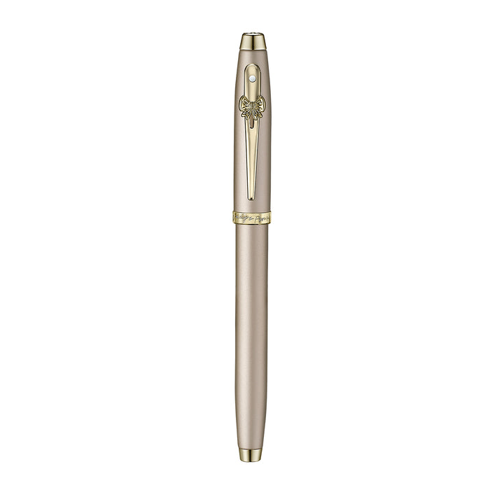 Sheaffer 100 Emily in Paris 9377 Champagne Gold Rollerball Pen with Champagne Gold Trims and Bow-Shaped Clip Emblem — Sheaffer rollerball pen — fluid gel ink writing instrument, at Cityluxe Singapore
