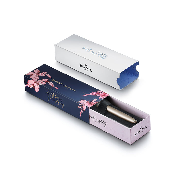 Sheaffer 100 Emily in Paris 9377 Champagne Gold Rollerball Pen with Champagne Gold Trims and Bow-Shaped Clip Emblem — Sheaffer rollerball pen — fluid gel ink writing instrument, at Cityluxe Singapore
