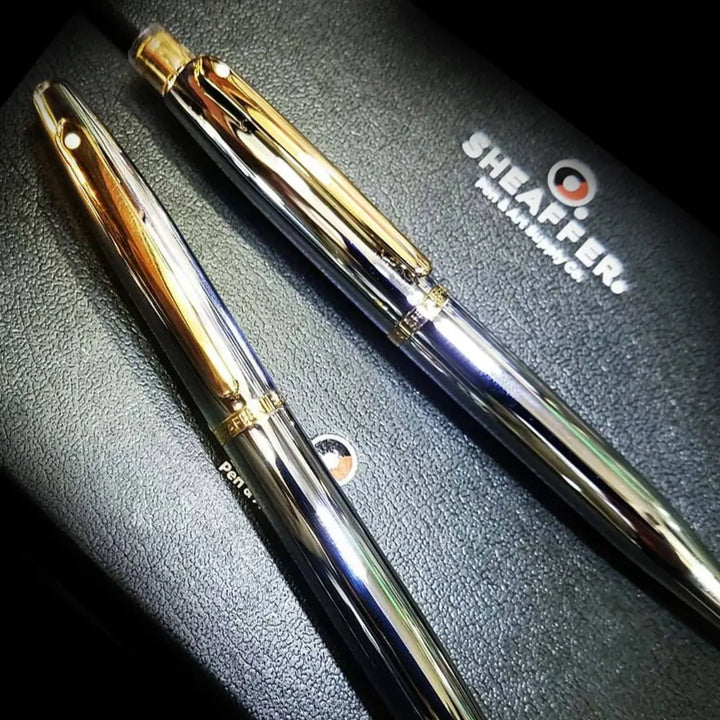 Sheaffer  VFM E9422 Polished Chrome with Gold Trims Rollerball Pen (WW31) — Sheaffer rollerball pen — fluid gel ink writing instrument, at Cityluxe Singapore