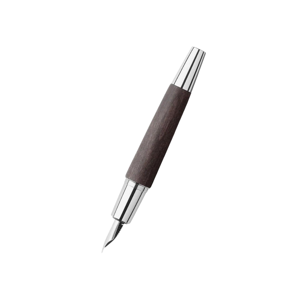 Faber-Castell E-Motion Fountain Pen - Pearwood Black Chrome Metal — uncapped with cap posted